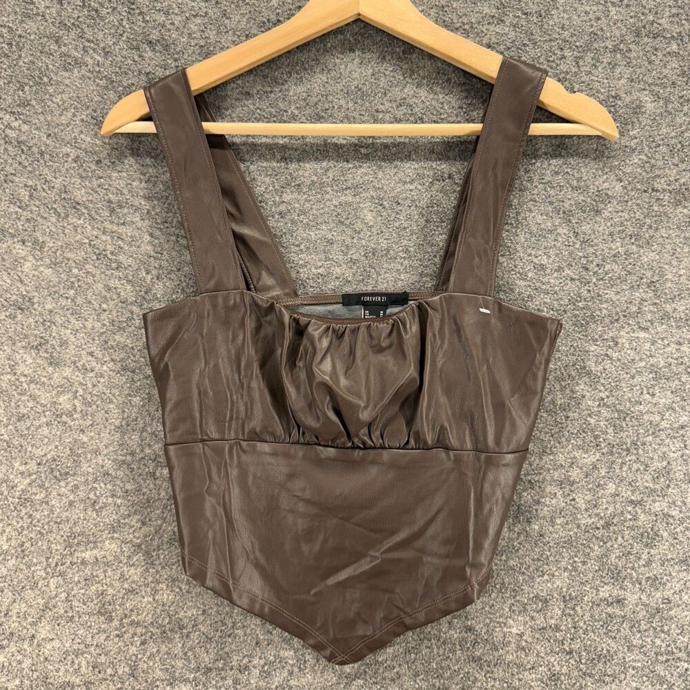 Forever 21 Cropped Top Women M Medium Brown Sleeveless Leather Wide Strap Casual